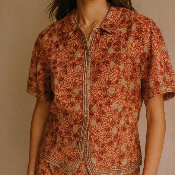 Vintage Suttles & Seawinds Red Beige Printed Floral Button Shirt Size L - Picture 1 of 16
